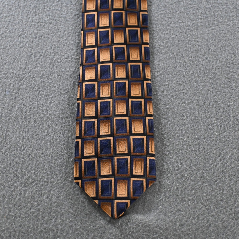Hermoso New York Mens Geometric Rectangle Silk Necktie OS Blue Gold